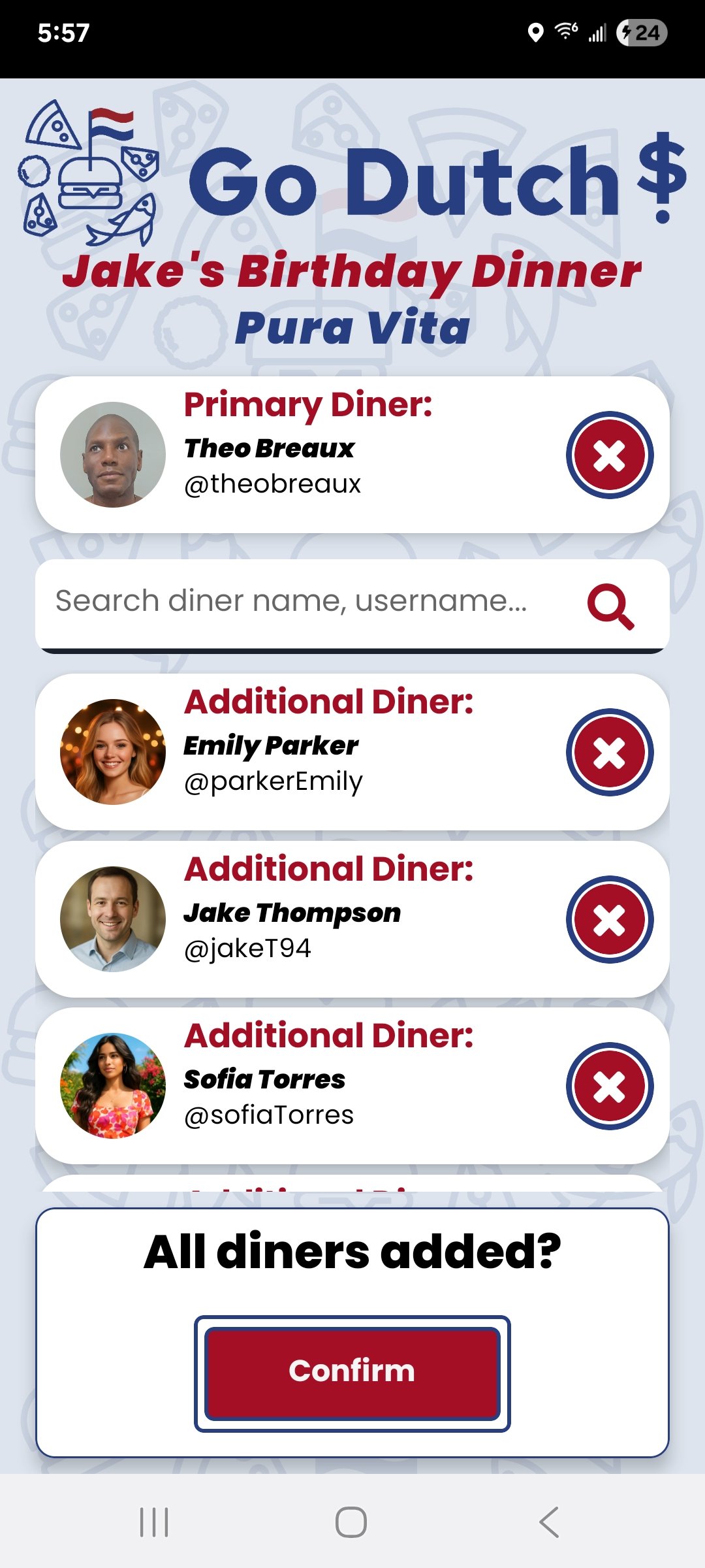 Go Dutch - add diner screen