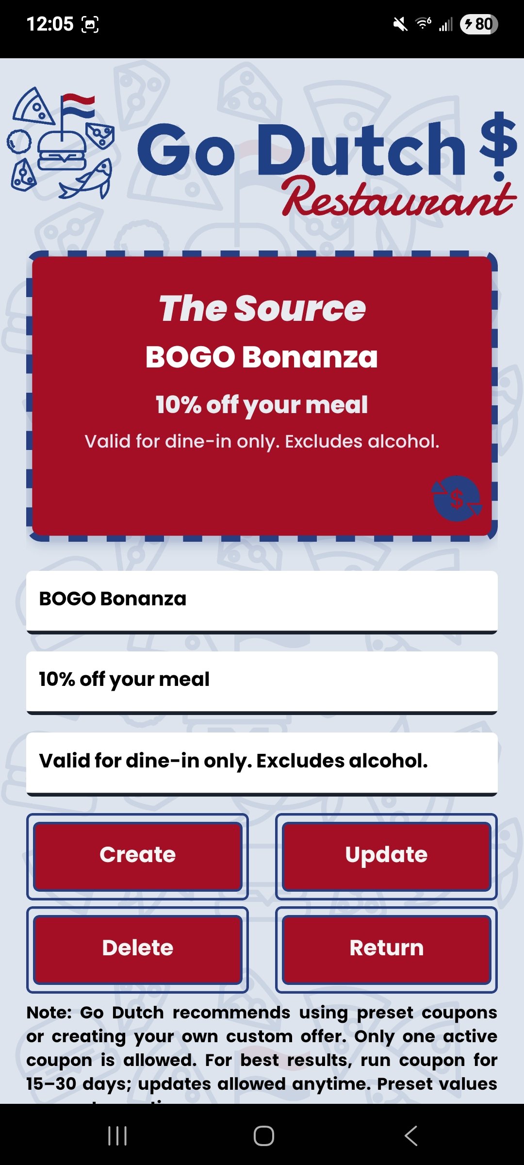 Go Dutch restaurant app - Create coupon