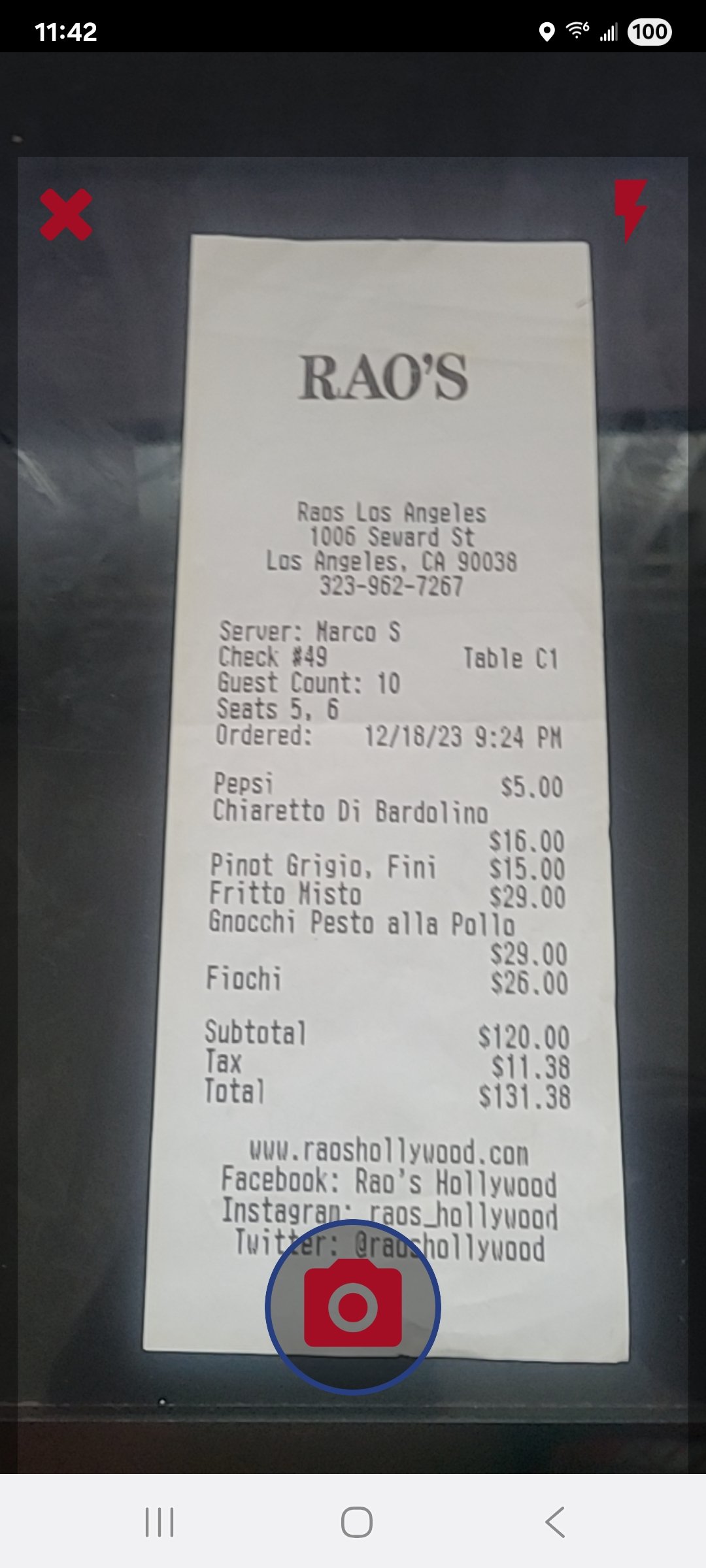 Go Dutch - receipt capture screen