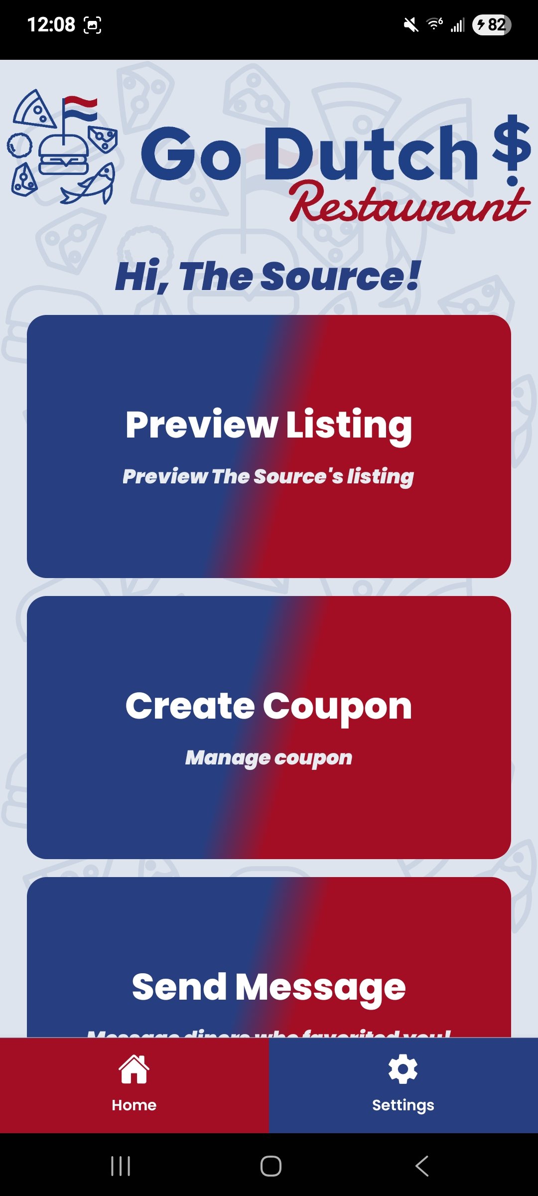 Go Dutch restaurant app - Home screen