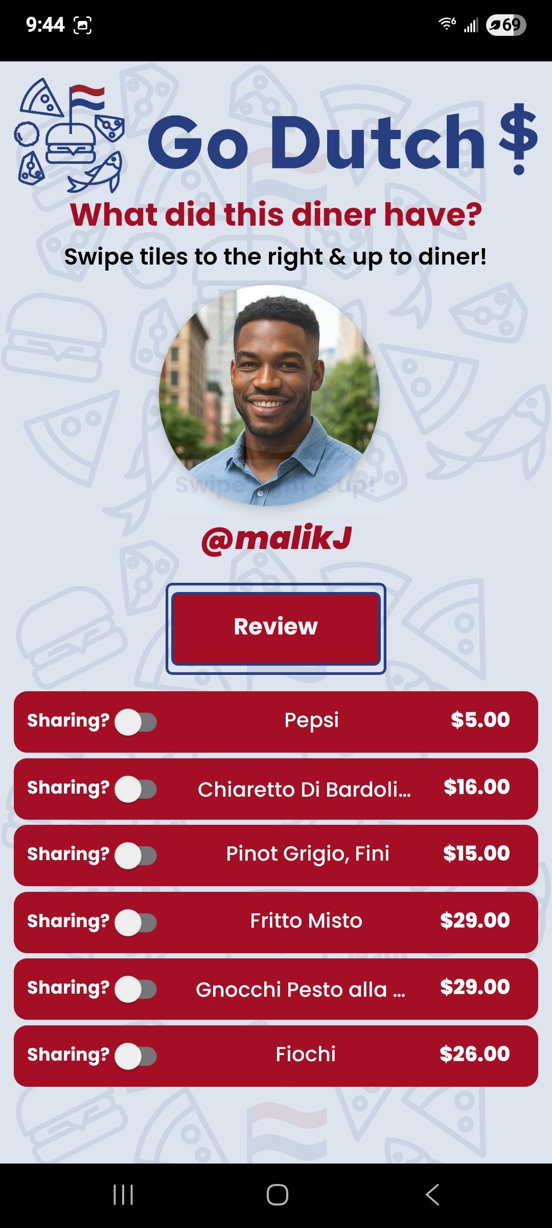 Go Dutch - swipe to assign items to diner